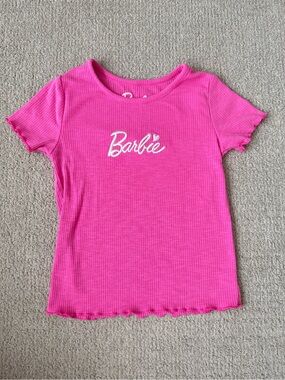Barbie Pink Ribbed Short Sleeve Tee with White Script Logo